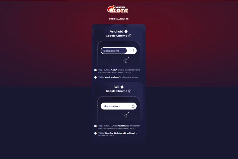 Slota Casino App Guide: Android und iOS Installation über Google Chrome Slota Casino App Installationsanleitung für Android und iOS im mobilen Browser