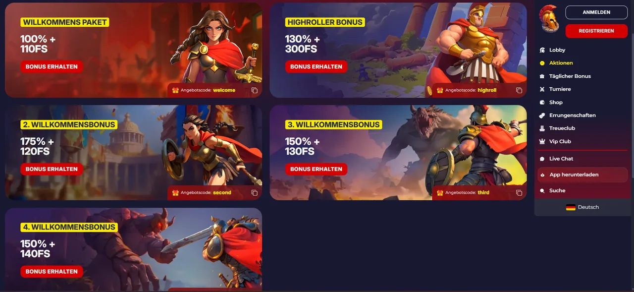 Slota Casino Welcome Pack mit vier sichtbaren Bonusstufen und Highroller Bonus am 15.09.2026